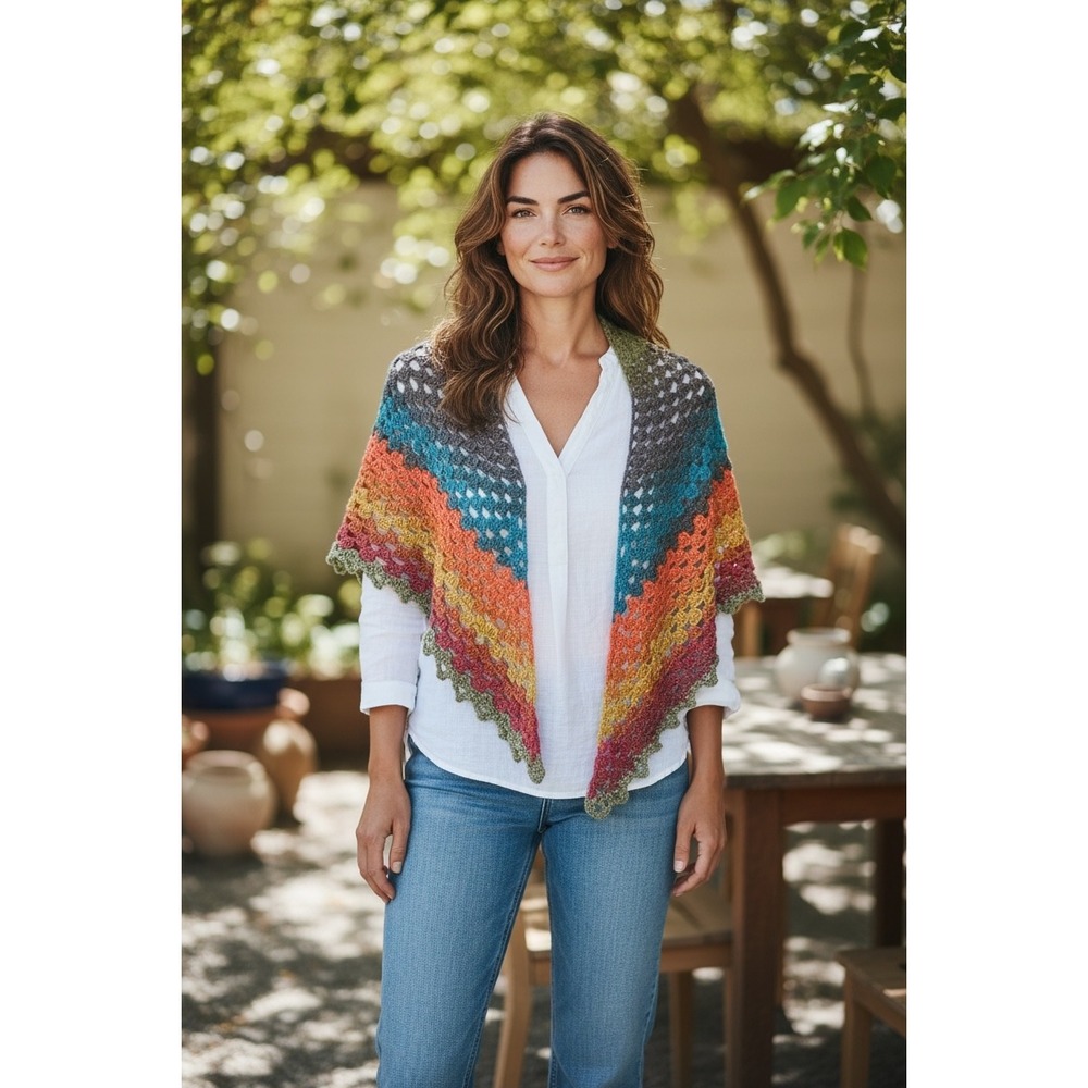 Handmade Crochet Triangle Shawl‎ Rainbow "Groot" Regular Sz Boho Ombre NEW